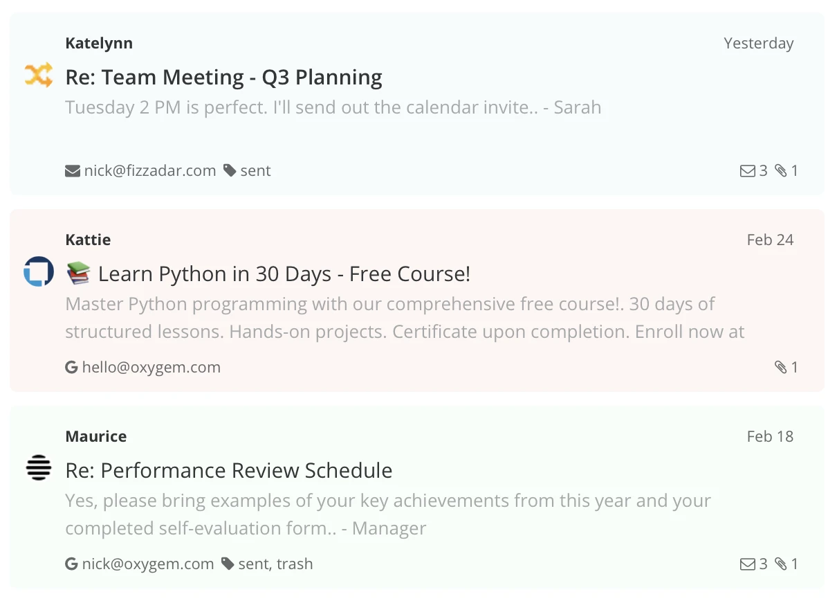 Screenshot of Kanmail showing color-coded emails from different senders