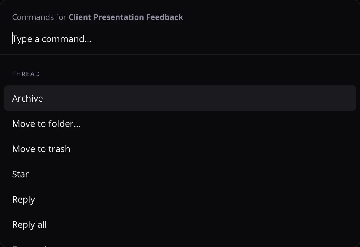 Kanmail command palette showing context-aware thread commands like archive, move and reply