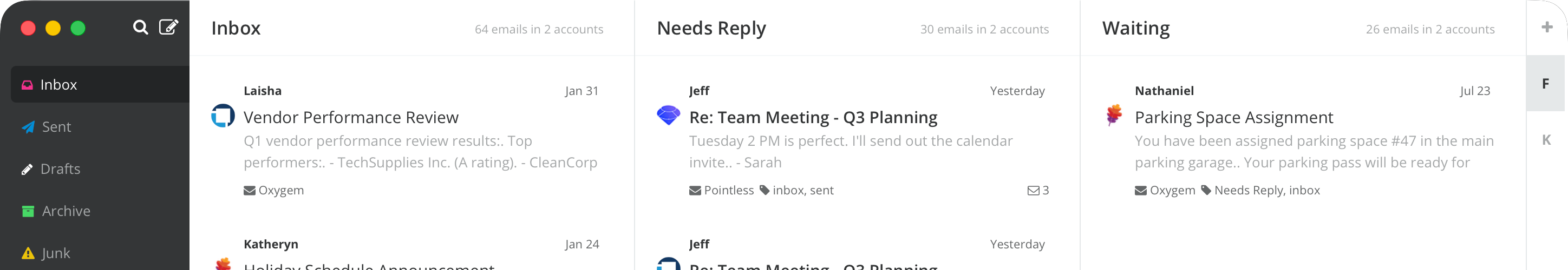 Screenshot of Kanmail app showing kanban power user example