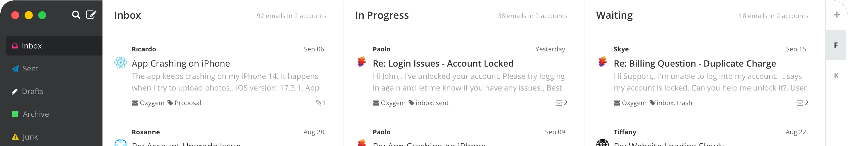 Screenshot of Kanmail app showing kanban customer support example