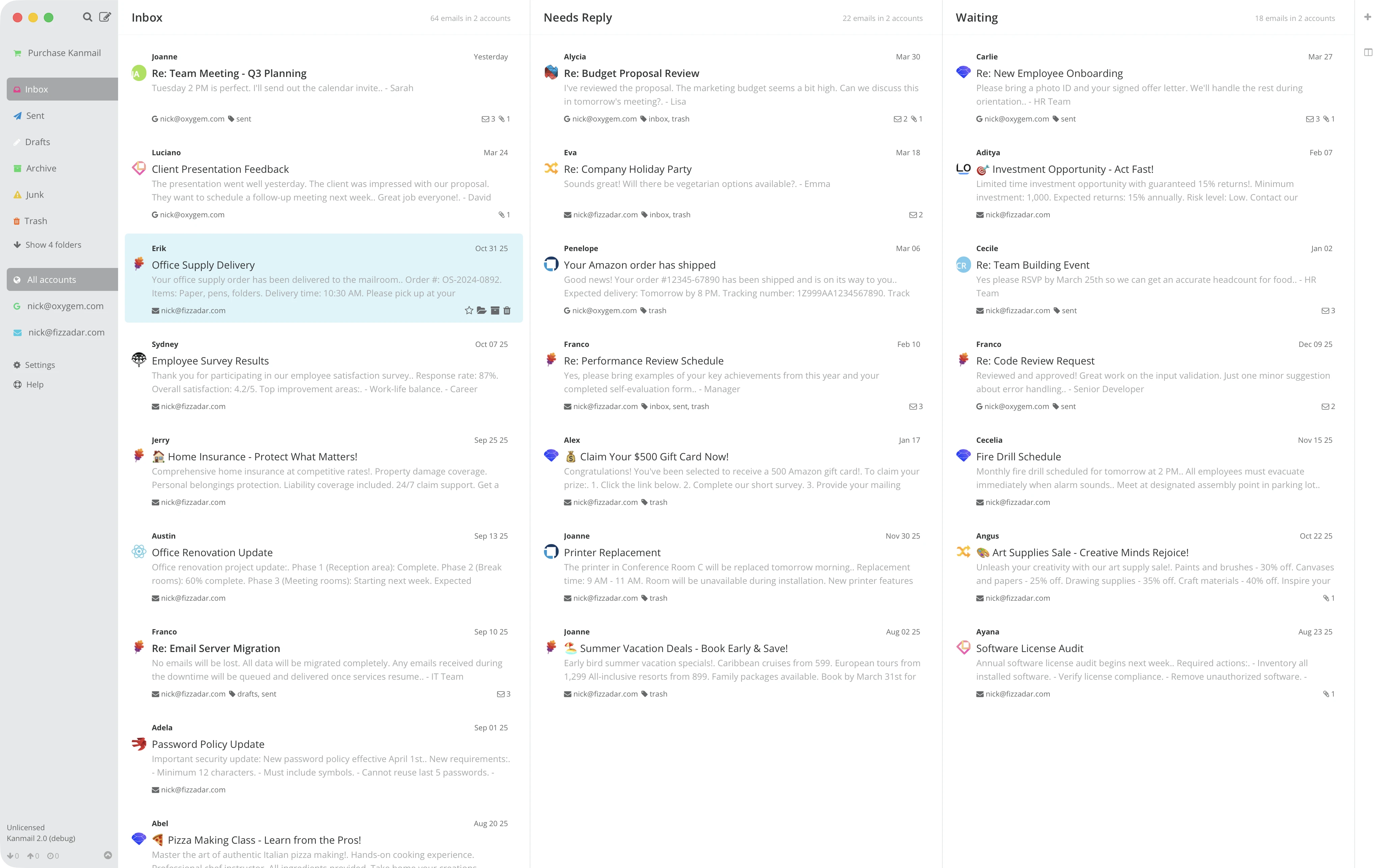 Screenshot of Kanmail app showing kanban power user example