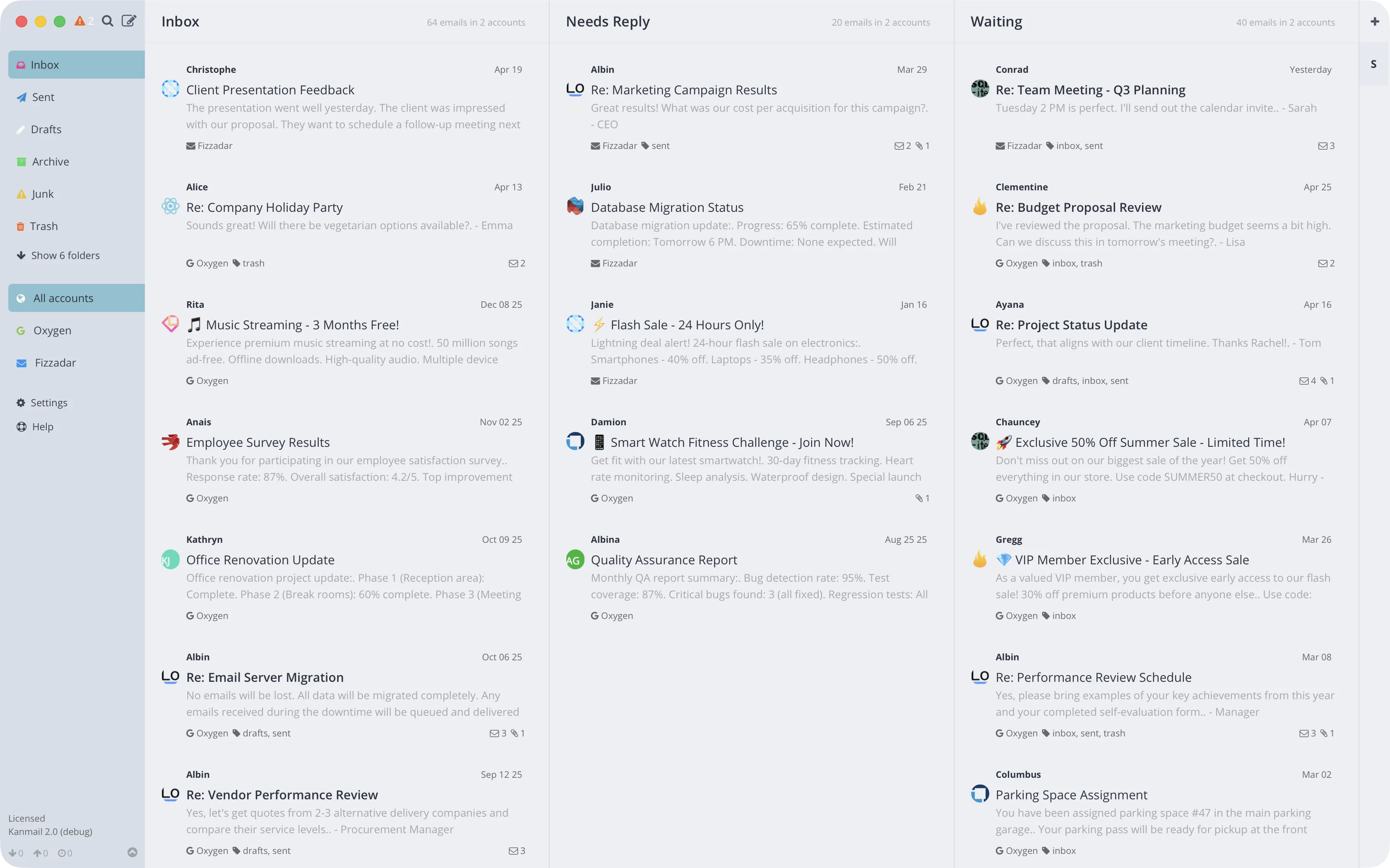 Screenshot of Kanmail app showing kanban personal inbox example