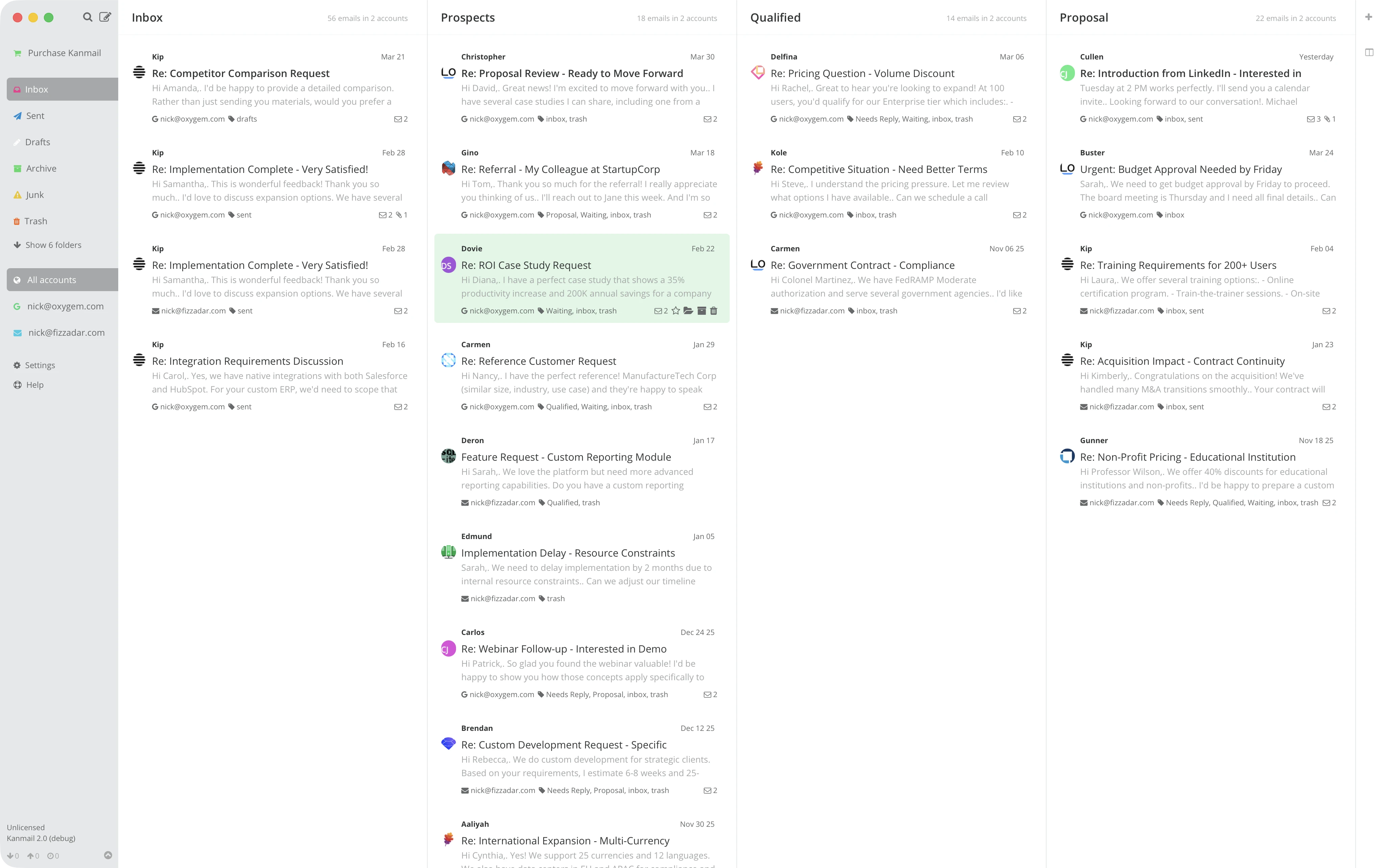 Screenshot of Kanmail app showing kanban sales board example