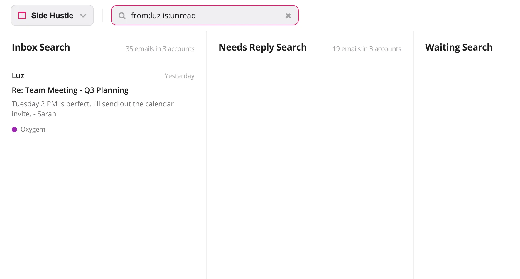 Search operators typed into Kanmail's search box, with live results below