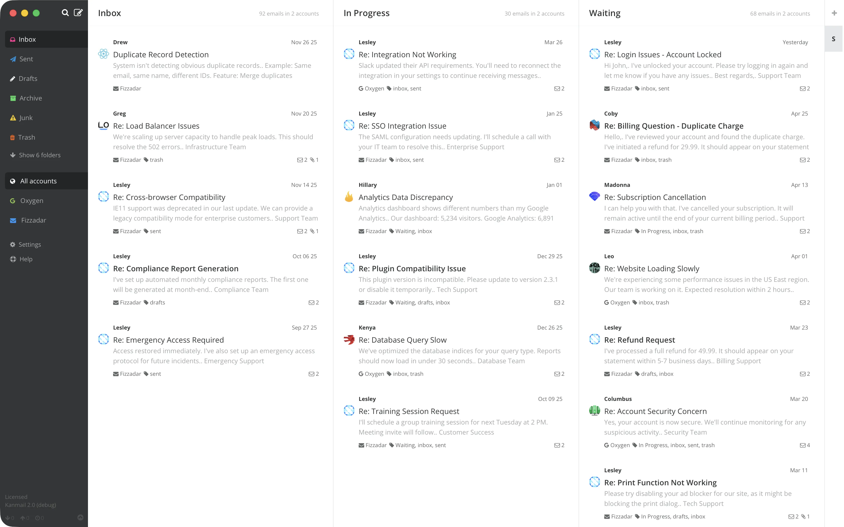 Screenshot of Kanmail app showing kanban customer support example