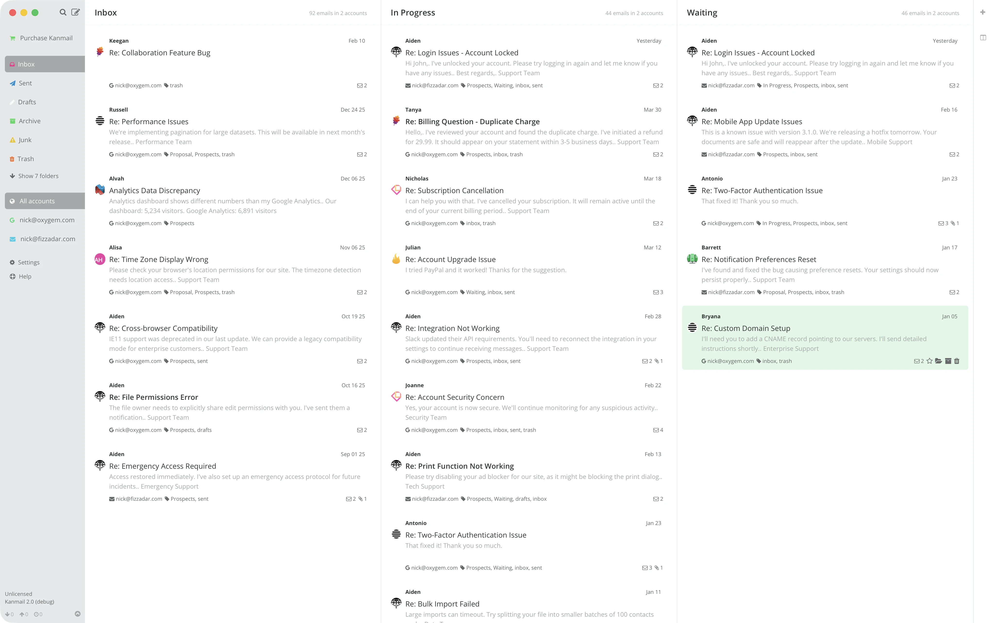 Screenshot of Kanmail app showing kanban customer support example